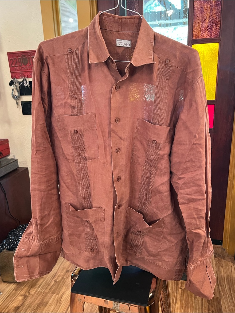 Men's Lightweight Rust Brown Guayabera-Style LINEN Shirt
